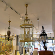 Load image into Gallery viewer, 1970s Tall Hexagonal Brass and Curved Bevelled Glass Lantern, Swedish