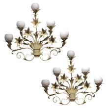 Load image into Gallery viewer, Large pair of French 1950s Toleware Lilies Wall light with Glass Shades
