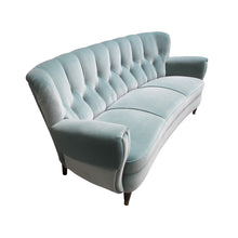 Load image into Gallery viewer, Scandinavian retro sofa upholstered in a blue velvet fabric