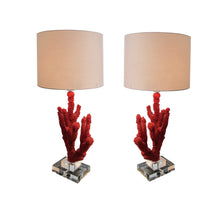 Load image into Gallery viewer, A pair of red sin coral table lamps, mid century