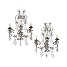 Load image into Gallery viewer, A pair of 1920's wrought iron and glass pampilles wall light, French