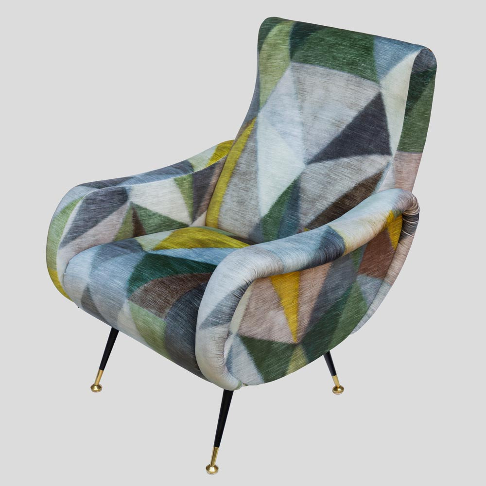 Italian mid century Zanuso style Armchair in Multicolor geometric Pattern upholstery
