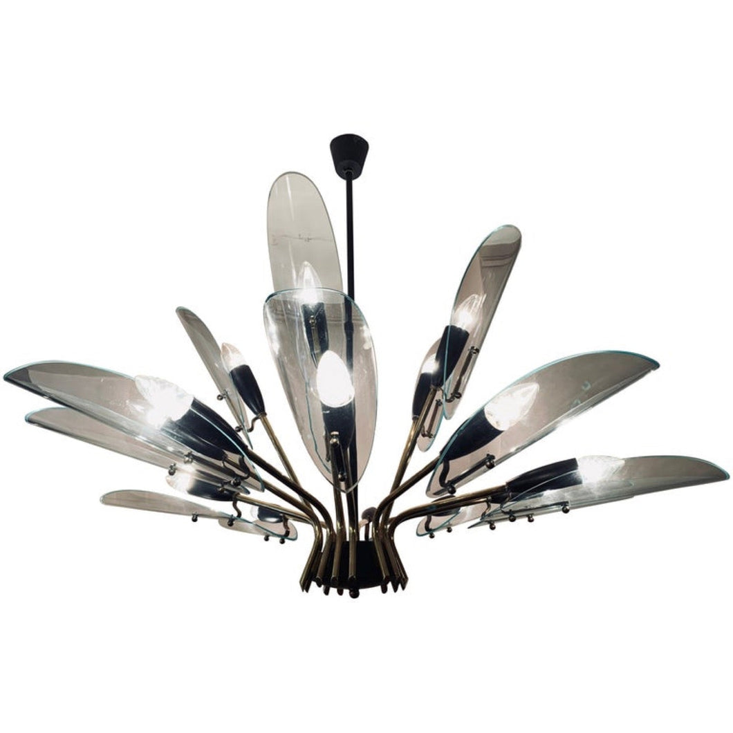 1950s Italian Brass and Glass Leaves Chandelier