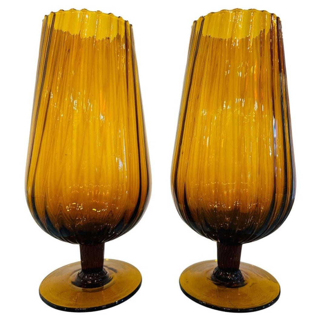Pair of Large 1960s Italian Amber Glass Goblet Vases
