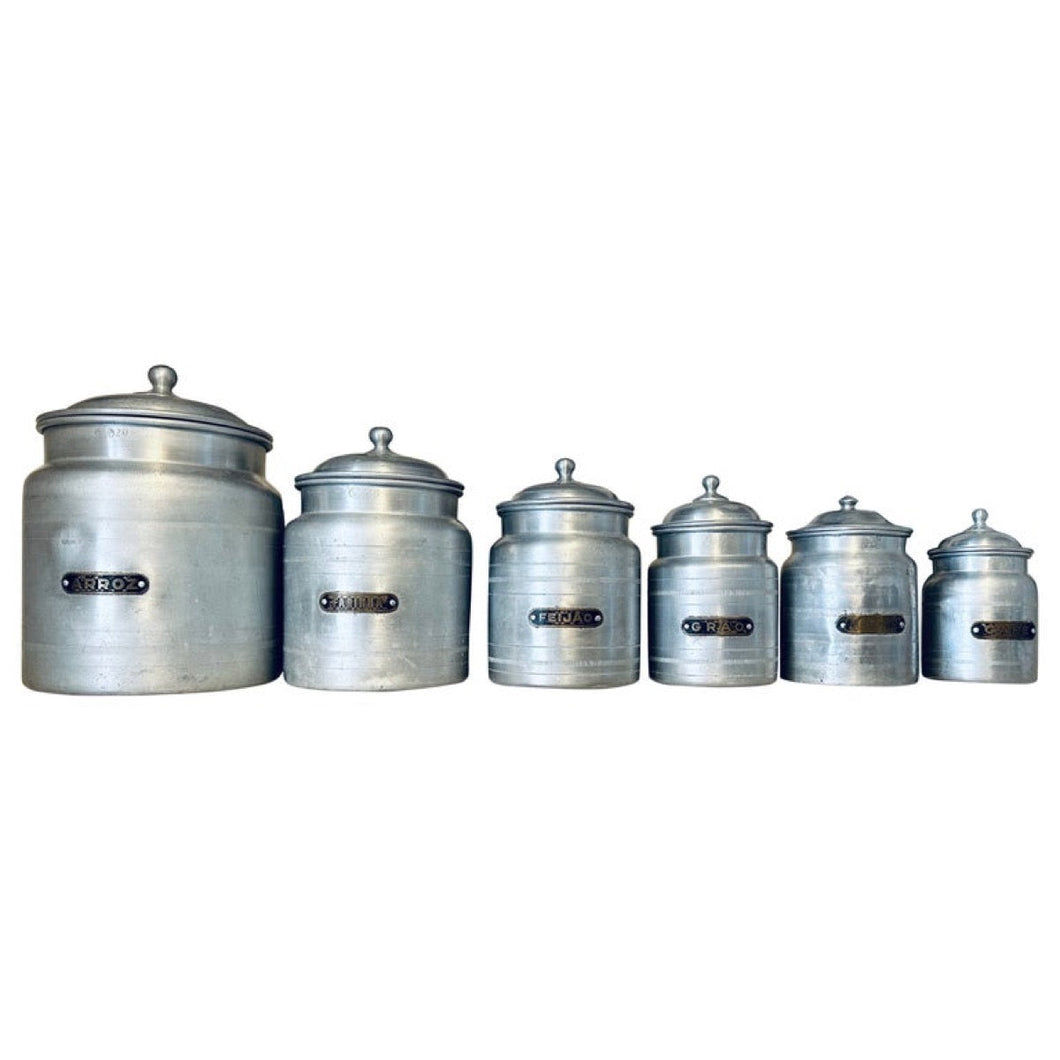 Set of 6 1960s Aluminium Portuguese Kitchen Storage Canisters
