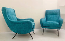 Load image into Gallery viewer, 1950's Pair of Italian Turquoise Armchairs. New velvet upholstery