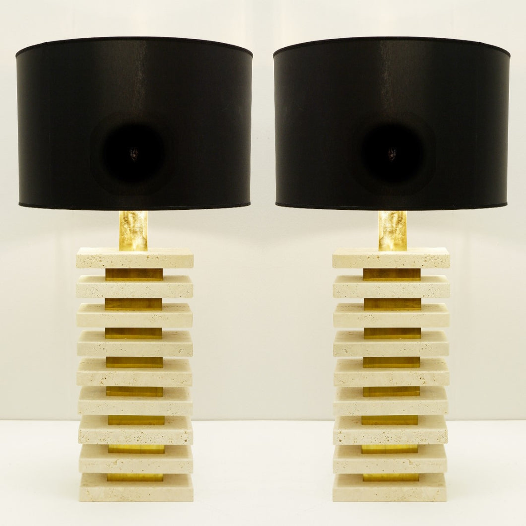 Pair of Tall Travertine Lamps with Black Lampshades