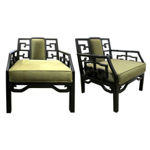 Load image into Gallery viewer, Pair of Mid-Century Chinese Black Lacquer Armchairs with Geometric Fretwork
