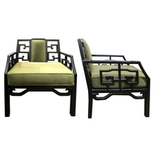 Load image into Gallery viewer, Pair of Mid-Century Chinese Black Lacquer Armchairs with Geometric Fretwork
