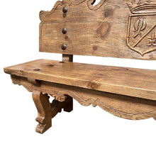Load image into Gallery viewer, 1920s Oak Heraldic Bench with Spanish &amp; French Royal Alliance Crest
