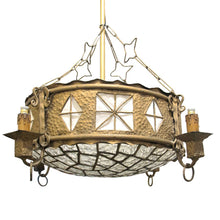 Load image into Gallery viewer, French Art Nouveau Hammered Brass Chandelier with Textured Glass Shade
