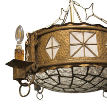 Load image into Gallery viewer, French Art Nouveau Hammered Brass Chandelier with Textured Glass Shade
