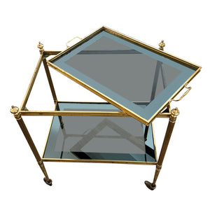 Small Lacquered Brass French 1960s Bar Cart With Lifting Tray