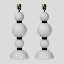 Load image into Gallery viewer, Pair of hand blown glass white and black table lamps
