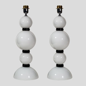 Pair of hand blown glass white and black table lamps