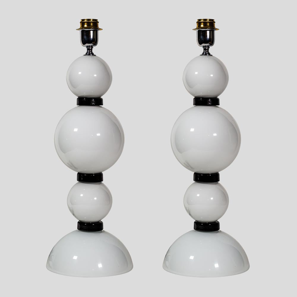 Pair of hand blown glass white and black table lamps