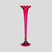 Load image into Gallery viewer, A Tall ruby color blown glass flared single trumpet shape
