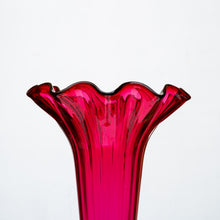 Load image into Gallery viewer, A Tall ruby color blown glass flared single trumpet shape
