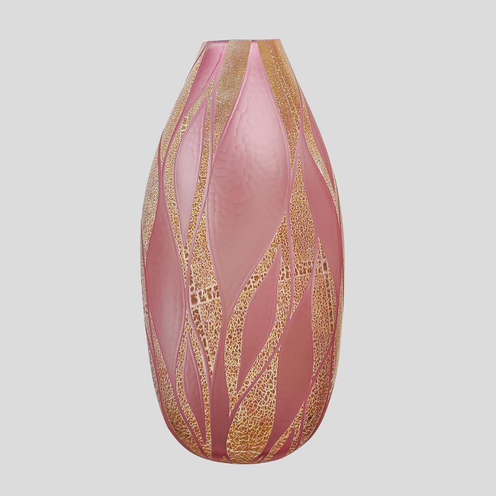 Glass Battuto Pink and Gold leaf Blown vase Murano