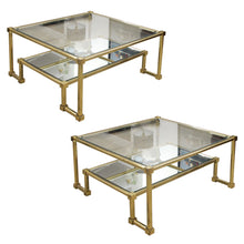 Load image into Gallery viewer, 1970s Pair of Two Tiers Square Brass and Glass Structural Coffee tables, French
