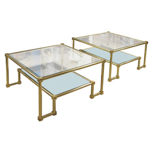 1970s Pair of Two Tiers Square Brass and Glass Structural Coffee tables, French