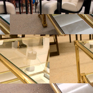 1970s Pair of Two Tiers Square Brass and Glass Structural Coffee tables, French