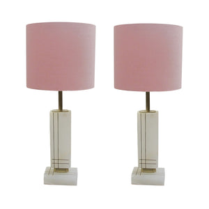 Pair of White Onyx Structural Table Lamps with Pink Shades, Italian 1960s