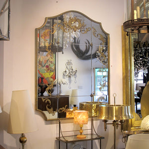 1940s French Wall Mirror with Eglomisé Gold Leaf Design