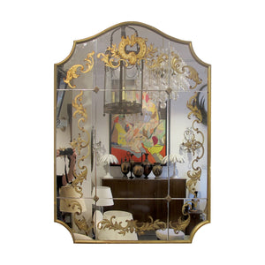 1940s French Wall Mirror with Eglomisé Gold Leaf Design