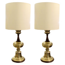 Load image into Gallery viewer, 1950s Very Large Pair of Brass and Mahogany Tables lamps, English
