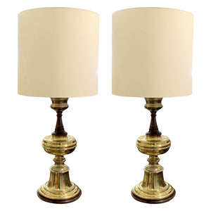 1950s Very Large Pair of Brass and Mahogany Tables lamps, English