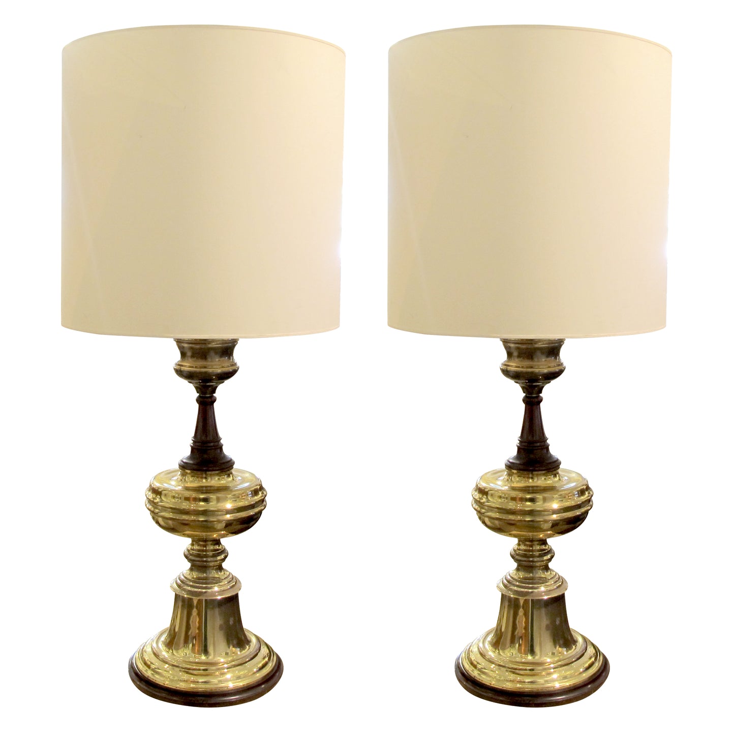 1950s Very Large Pair of Brass and Mahogany Tables lamps, English