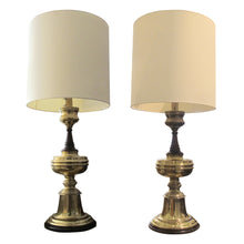 Load image into Gallery viewer, 1950s Very Large Pair of Brass and Mahogany Tables lamps, English
