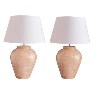 1970s Pair of Pink Tessellated Marble Table Lamps, Italian