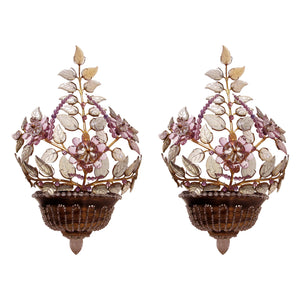 1970s Pair of Brass and Glass Floral Wall lights by Maison Bagues, French