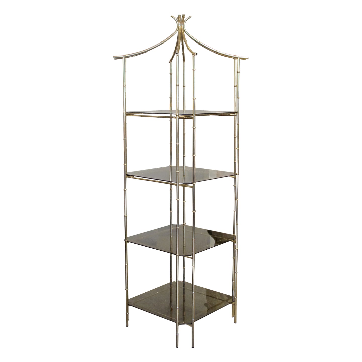 1970s Pagoda Four Tier Brass Faux Bamboo Shelving Unit Display, Belgian