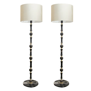 1970s Elegant Pair of Black Marble and Brass Floor Lamps, Swedish