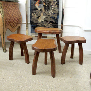 Mid-Century Set of Four Milking Stools Carved in Oak Wood, French