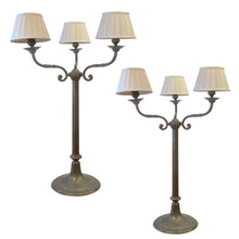 Load image into Gallery viewer, Pair of Large Three Arms Solid Bronze Table Lamps circa 1900, French
