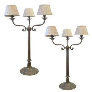 Pair of Large Three Arms Solid Bronze Table Lamps circa 1900, French