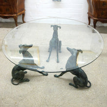 Load image into Gallery viewer, 1950s Belgian Coffee Table with Bronze Whippet Sculptures and Glass Top
