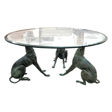 Load image into Gallery viewer, 1950s Belgian Coffee Table with Bronze Whippet Sculptures and Glass Top
