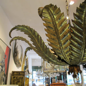 Vintage 1950s Spanish Fern Leaf Tole Chandelier with Layered Fronds