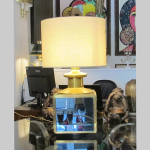 Pair of 1950s Italian Brass and Glass Table Lamps with Mirrored Panels