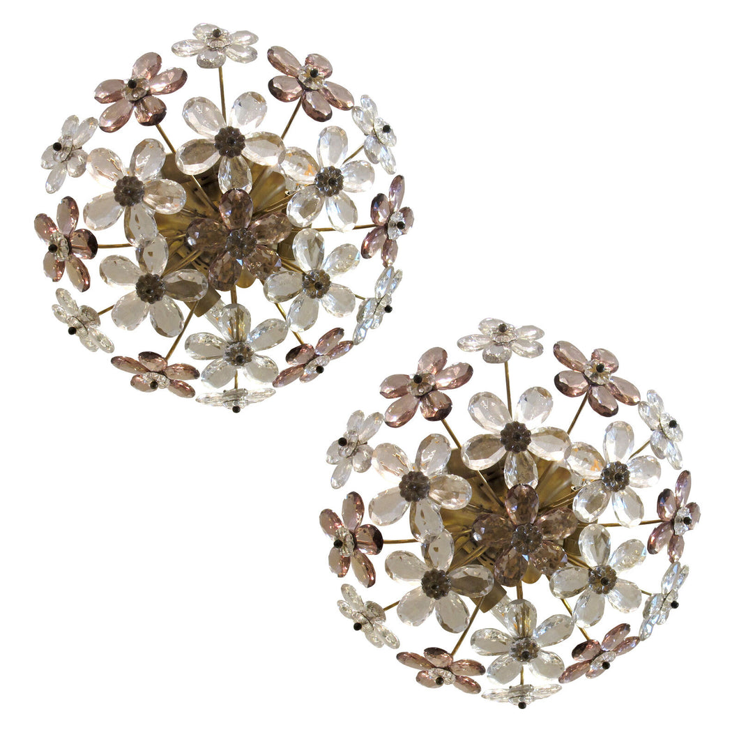 Pair of Maison Bagues Crystal Floral Ceiling Lights, French 1970