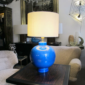 Vintage Blue Ceramic Lamp – Signed L. Drummer, French 1970s