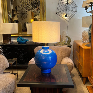 Vintage Blue Ceramic Lamp – Signed L. Drummer, French 1970s