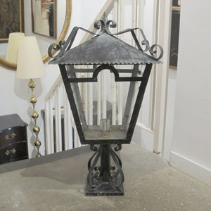 A Pair of French Wrought Iron Outdoor Pillar Lanterns, circa 1950
