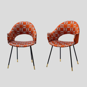 Pair iconic round back chairs upholstered in Hermes fabric