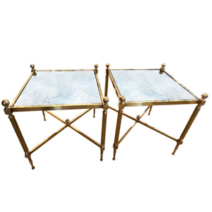 Pair of French Midcentury Low Single Tier Side Tables with Eglomise Glass